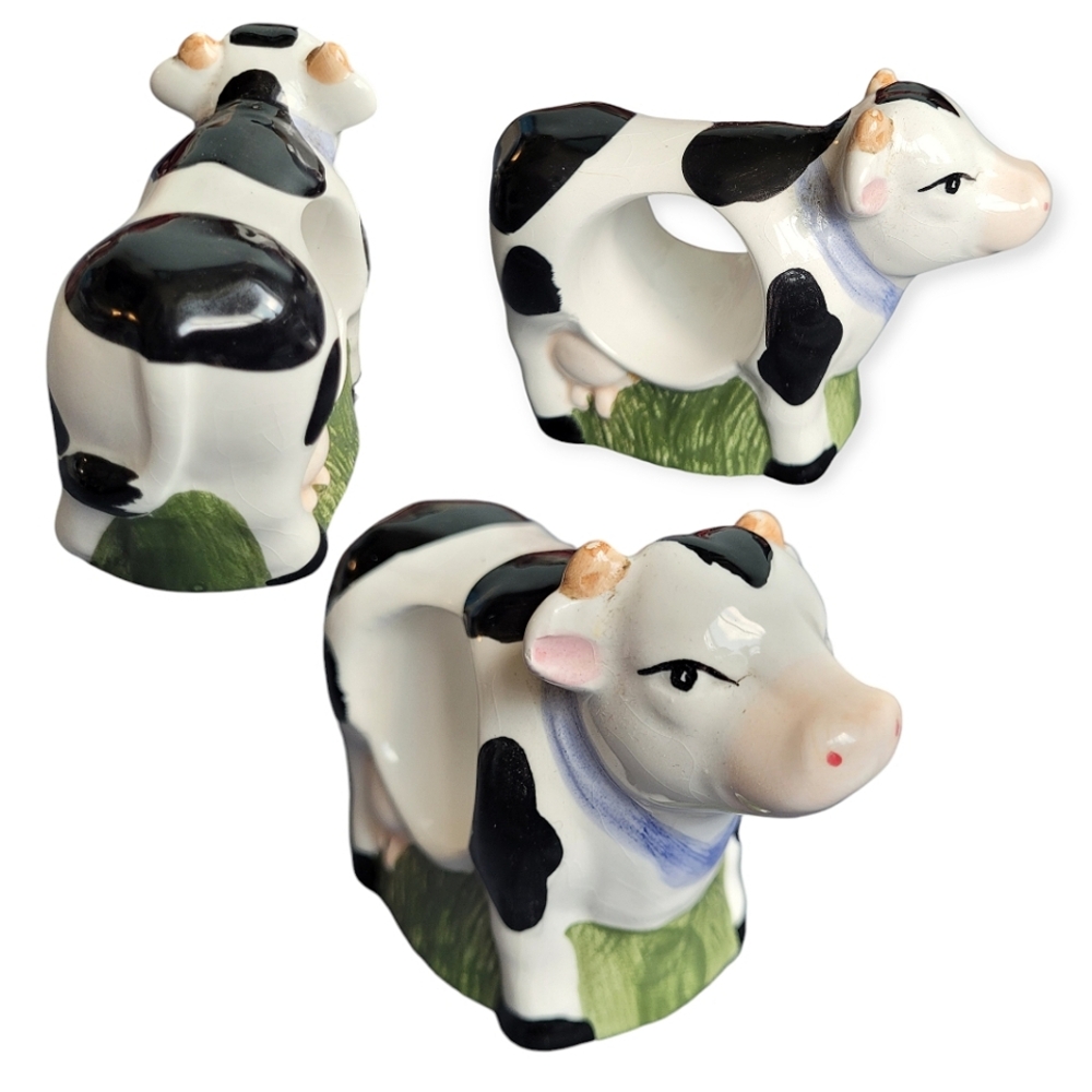 Set of 3 Vintage Ceramic Cow Napkin Rings black and white farmhouse  cottagecore